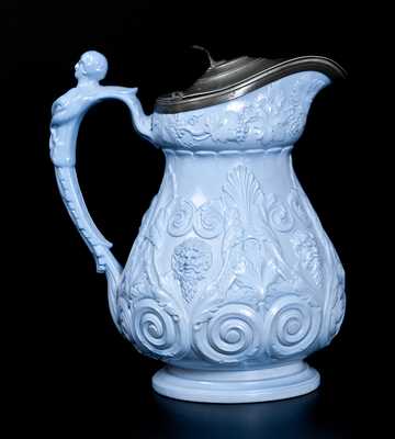 Rare Molded Blue Stoneware Pitcher att. D. & J. Henderson, Jersey City, NJ.