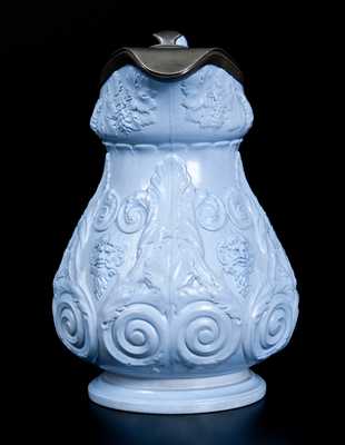 Rare Molded Blue Stoneware Pitcher att. D. & J. Henderson, Jersey City, NJ.
