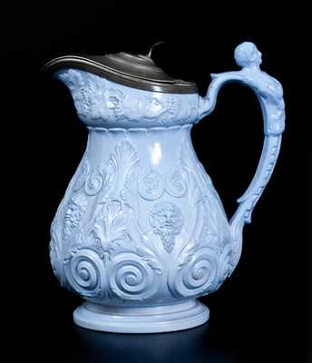 Rare Molded Blue Stoneware Pitcher att. D. & J. Henderson, Jersey City, NJ.
