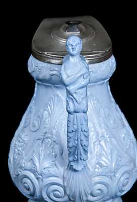 Rare Molded Blue Stoneware Pitcher att. D. & J. Henderson, Jersey City, NJ.