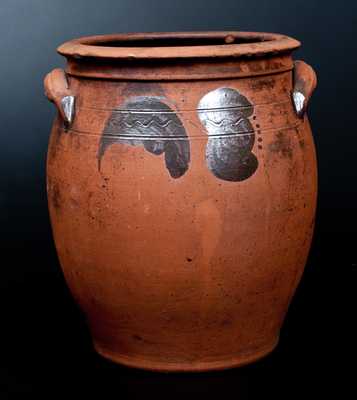 JOHN BELL / WAYNESBORO, PA Redware Handled Jar w/ Manganese Floral Decoration