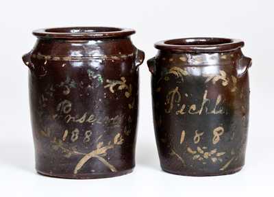 Lot of Two: Unusual Miniature Albany-Slip Stoneware Jars w/ Cold-Painted Dated Inscriptions