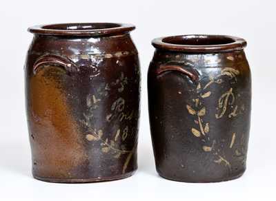 Lot of Two: Unusual Miniature Albany-Slip Stoneware Jars w/ Cold-Painted Dated Inscriptions