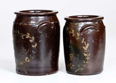 Lot of Two: Unusual Miniature Albany-Slip Stoneware Jars w/ Cold-Painted Dated Inscriptions