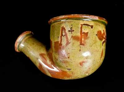 Unusual Glazed Redware Pipe Bowl Inscribed "A. F. / 1828", possibly Swank, Johnstown