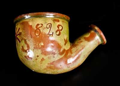 Unusual Glazed Redware Pipe Bowl Inscribed "A. F. / 1828", possibly Swank, Johnstown