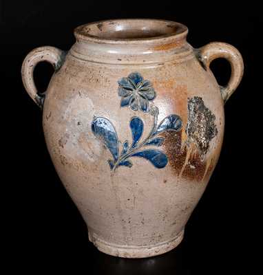 Very Rare Vertical-Handled Manhattan Stoneware Jar w/ Green and Blue Incised Floral Decoration