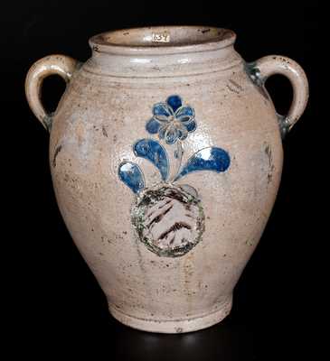 Very Rare Vertical-Handled Manhattan Stoneware Jar w/ Green and Blue Incised Floral Decoration