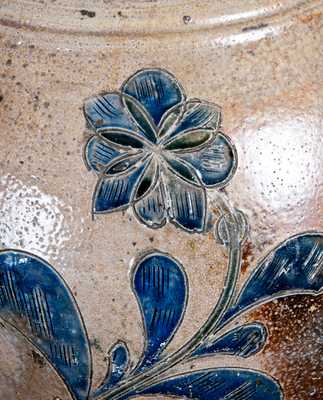 Very Rare Vertical-Handled Manhattan Stoneware Jar w/ Green and Blue Incised Floral Decoration