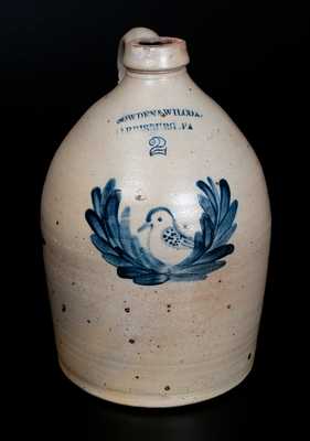 Fine COWDEN & WILCOX / HARRISBURG, PA Stoneware Jug with Bird-in-Wreath Decoration