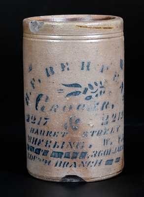 H. F. BEHRENS / WHEELING, WV Stoneware Canning Jar w/ Profuse Stenciled Advertising
