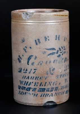 H. F. BEHRENS / WHEELING, WV Stoneware Canning Jar w/ Profuse Stenciled Advertising