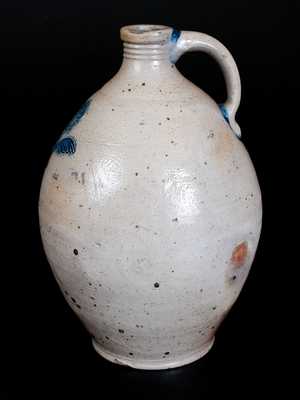 Fine Boston Stoneware Jug with Stamped Flower in Blue, att. Jonathan Fenton, late 18th Century