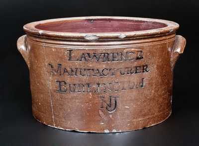 Extremely Rare  LAWRENCE / MANUFACTURER / BURLINGTON / NJ Stoneware Cake Crock, c1815