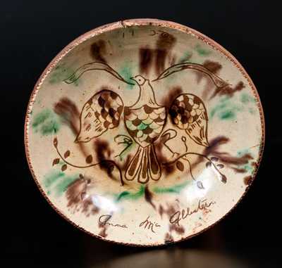 Jacob Medinger, Montgomery Co, PA Sgraffito Redware Plate w/ Patriotic Eagle, Inscribed "Anna Mc Allister / 1930"
