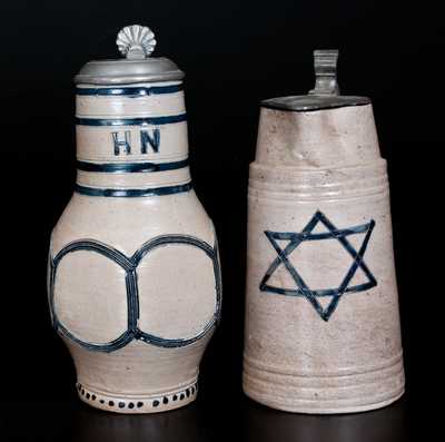 Lot of Two: German Stoneware Vessels with Incised Decoration incl. Pitcher w/ Star of David