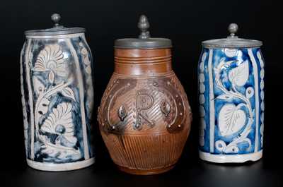 Lot of Three: Pewter Mounted German Stoneware Tankards, Westerwald and Muskau origin