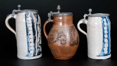 Lot of Three: Pewter Mounted German Stoneware Tankards, Westerwald and Muskau origin