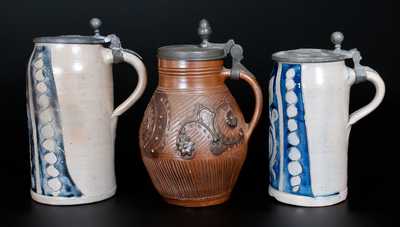 Lot of Three: Pewter Mounted German Stoneware Tankards, Westerwald and Muskau origin