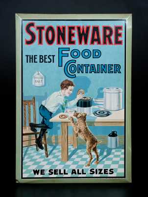 STONEWARE THE BEST FOOD CONTAINER Tin Advertising Sign by American Art Works, Coshocton, OH