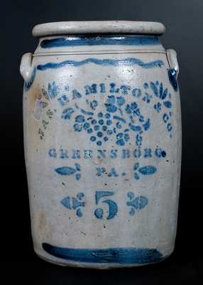 5 Gal. JAS. HAMILTON & CO. / GREENSBORO, PA Stoneware Jar with Stenciled Grapes Decoration 
