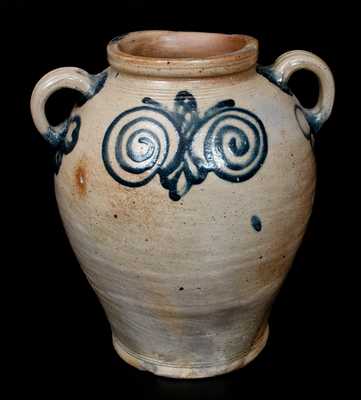 Exceptional Vertical-Handled Stoneware Jar w/ Watchspring Design, Manhattan or Cheesequake, NJ, c1775