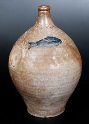 Two-Gallon BOSTON Stoneware Jug w/ Impressed Fish Decoration, late 18th century