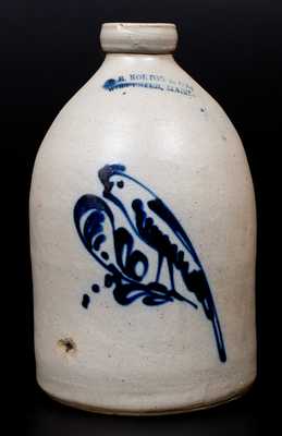 One-Gallon F. B. NORTON & CO. / WORCESTER, MASS. Stoneware Jug w/ Cobalt Parrot Decoration
