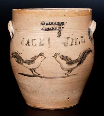 Unique CLARK & FOX / ATHENS, NY Stoneware Jar w/ Cobalt Chickens Inscribed 