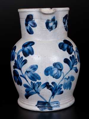 One-Gallon Remmey, Philadelphia Stoneware Pitcher with Cobalt Floral Decoration