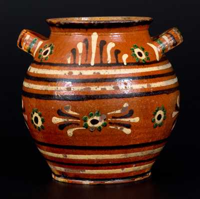 Very Rare Alamance County, NC Southern Redware Sugar Jar w/ Profuse Three-Color Slip Decoration