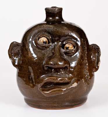 Unusual Alkaline-Glazed Stoneware Face Jug, Signed 