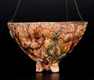 Rare Multi-Glazed Redware Hanging Flowerpot, probably Pennsylvania origin, fourth quarter 19th century