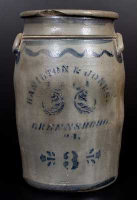 Three-Gallon HAMILTON & JONES. / GREENSBORO, / PA Stoneware Churn