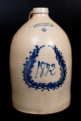 Scarce Four-Gallon E & L P NORTON / BENNINGTON VT. Stoneware Jug w/ Cobalt Wreath and 1872 Date