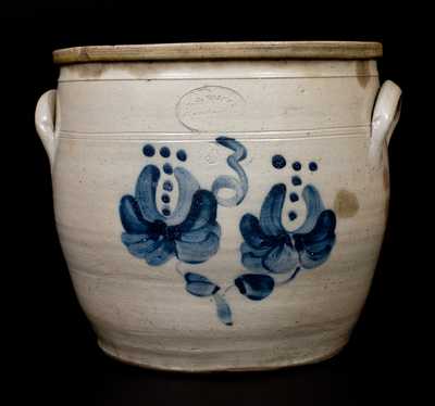 Scarce Three-Gallon F.J. CAIRE, / Huntington, / L.I. Stoneware Jar w/ Cobalt Spotted Tulip Decoration