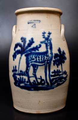 J. & E. NORTON / BENNINGTON, VT Stoneware Churn w/ Exceptional Standing Deer Decoration