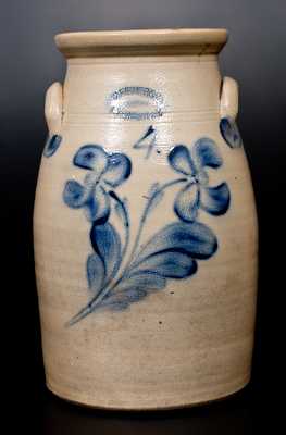4 Gal. J. FISHER & CO. / LYONS, N.Y. Stoneware Churn with Cobalt Floral Decoration