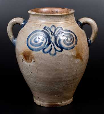 Manhattan, NY or Cheesequake, NJ Stoneware Jar w/ Bold Cobalt Watchspring Decoration, circa 1775