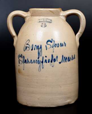 Rare WEST TROY / NY / POTTERY Stoneware Open-Handled Jar w/ Springfield, MA Script Advertising