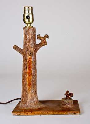 Very Fine Sewertile Lamp with Squirrels Perched on Tree and Stump, Robert Wilson, Uhrichsville, Ohio