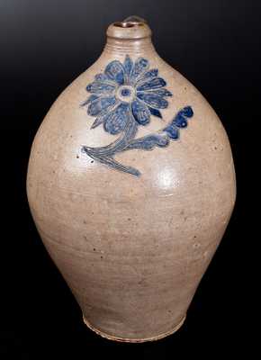 Exceptional 4 Gal. Ovoid Stoneware Jug w/ Bold and Elaborate Incised Floral Decoration, Manhattan, c1800