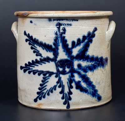 Fine 4 Gal. T. HARRINGTON / LYONS Stoneware Crock with Slip-Trailed Starface Decoration