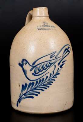 F.B. NORTON SONS / WORCESTER MASS Stoneware Jug w/ Large Cobalt Dove Decoration