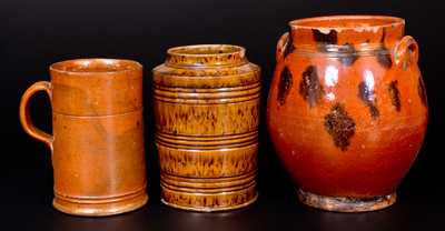 Lot of Three: American Redware Articles (Ovoid Jar, Cylindrical Jar, Mug)