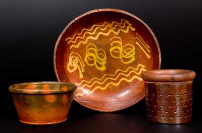 Lot of Three: Redware Articles (Strainer, Bowl, Plate)