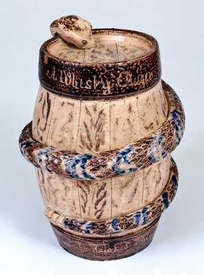 Extremely Rare and Important Stoneware Snake Temperance Keg 