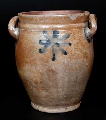 Manhattan or Kingston, NY Open-Handled Stoneware Jar w/ Cobalt Star Decoration