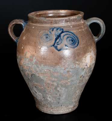 Rare Manhattan, NY or Cheesequake, NJ Stoneware Jar w/ Cobalt Watchspring Design, 18th century