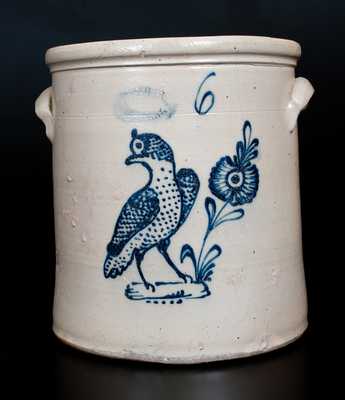 6 Gal. J. BURGER JR. / ROCHESTER, N.Y. Stoneware Crock w/ Elaborate Bird and Floral Decoration